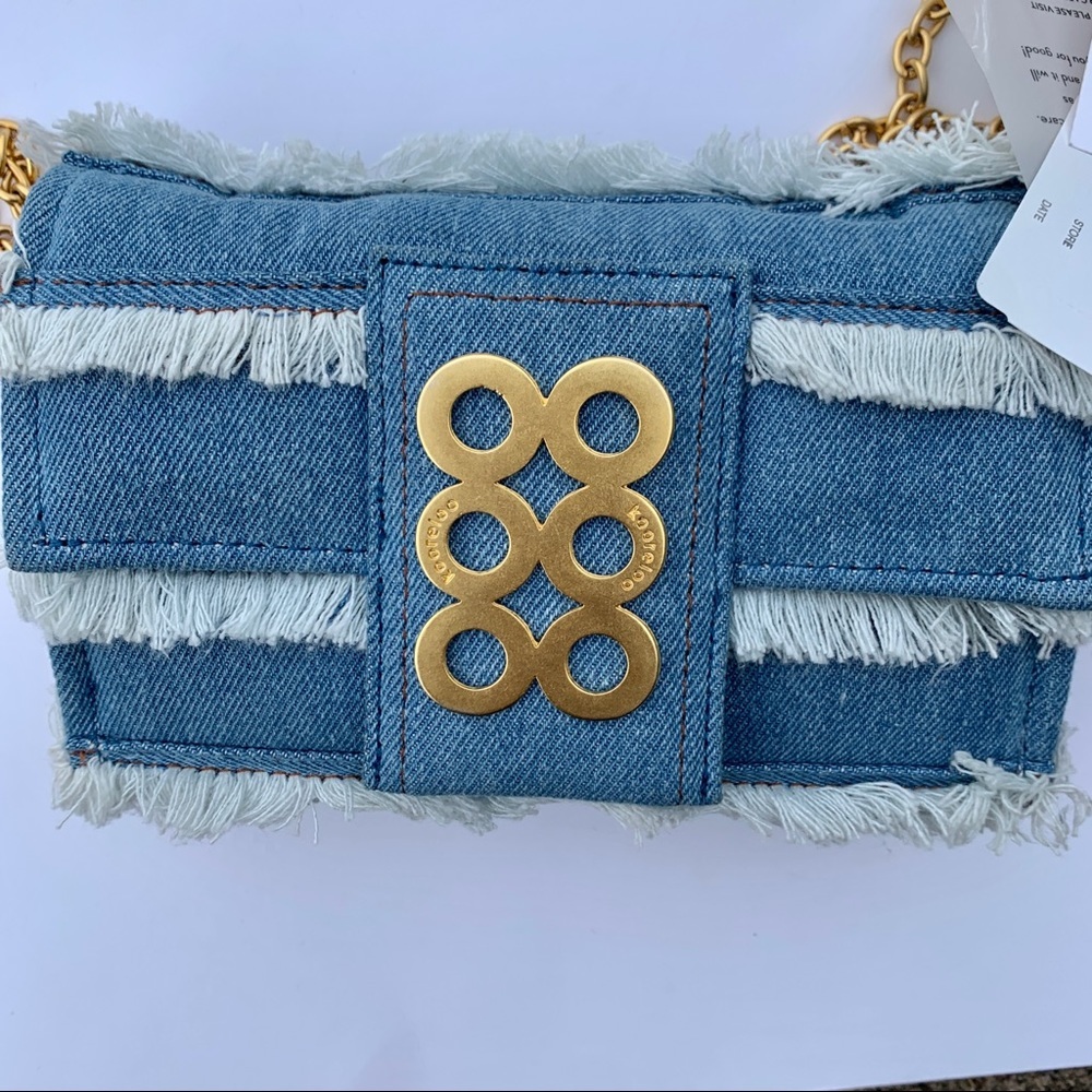 Kooreloo Amalfi Fringe Denim Crossbody Bag Gold Chain Blue - Picture 4 of 11